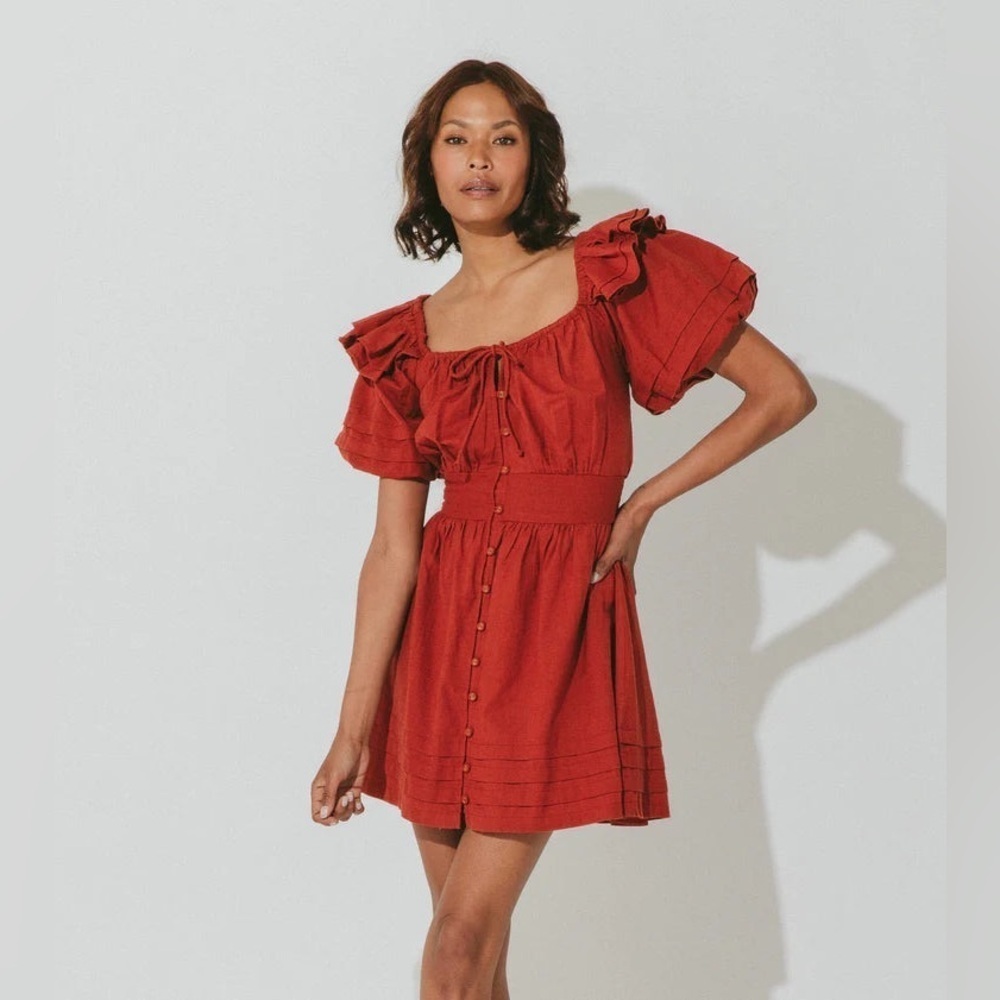 NEW Cleobella Tana Mini Dress Bubble Sleeve Brick Red Cotton Linen XS NWT